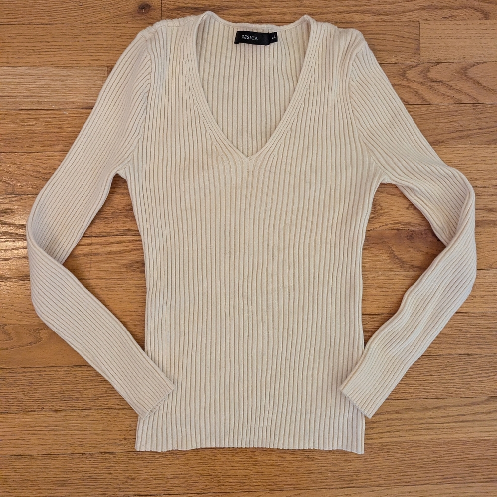 Cream Ribbed Long Sleeve Top